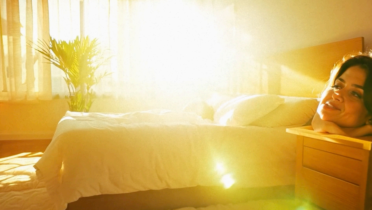 A woman lying in bed in a sunlit room.
